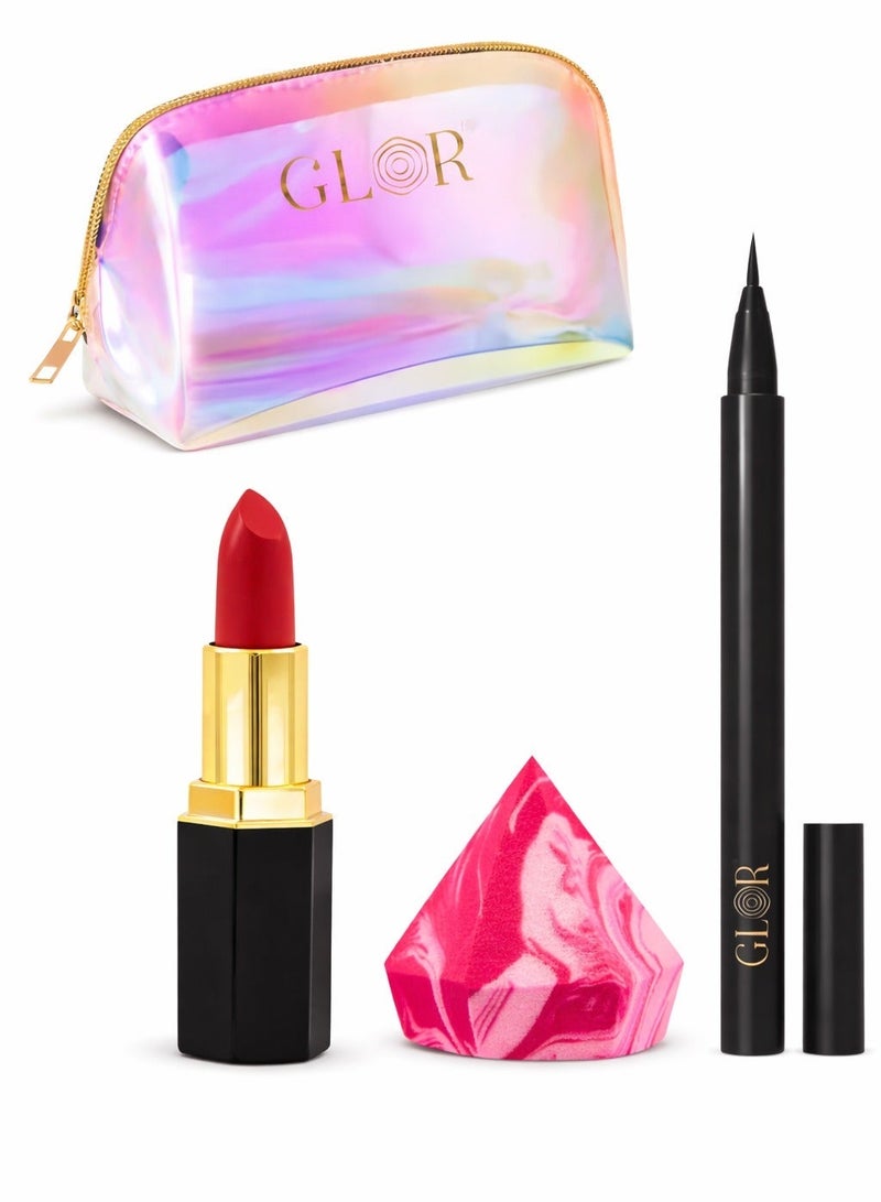 GLOR Valentines Special Glor Endless Charm Lipstick– Intense Long-Lasting Color, Luxurious Moisture, Ultra-Creamy Formula for Beautiful Lips-Raspberry Range + Eyeliner + 1 Beauty Blender + 1 Cosmetic Bag - Image 1